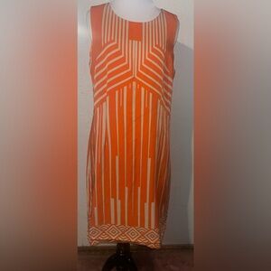 Geometric Orange and Cream Sleeveless Midi Dress